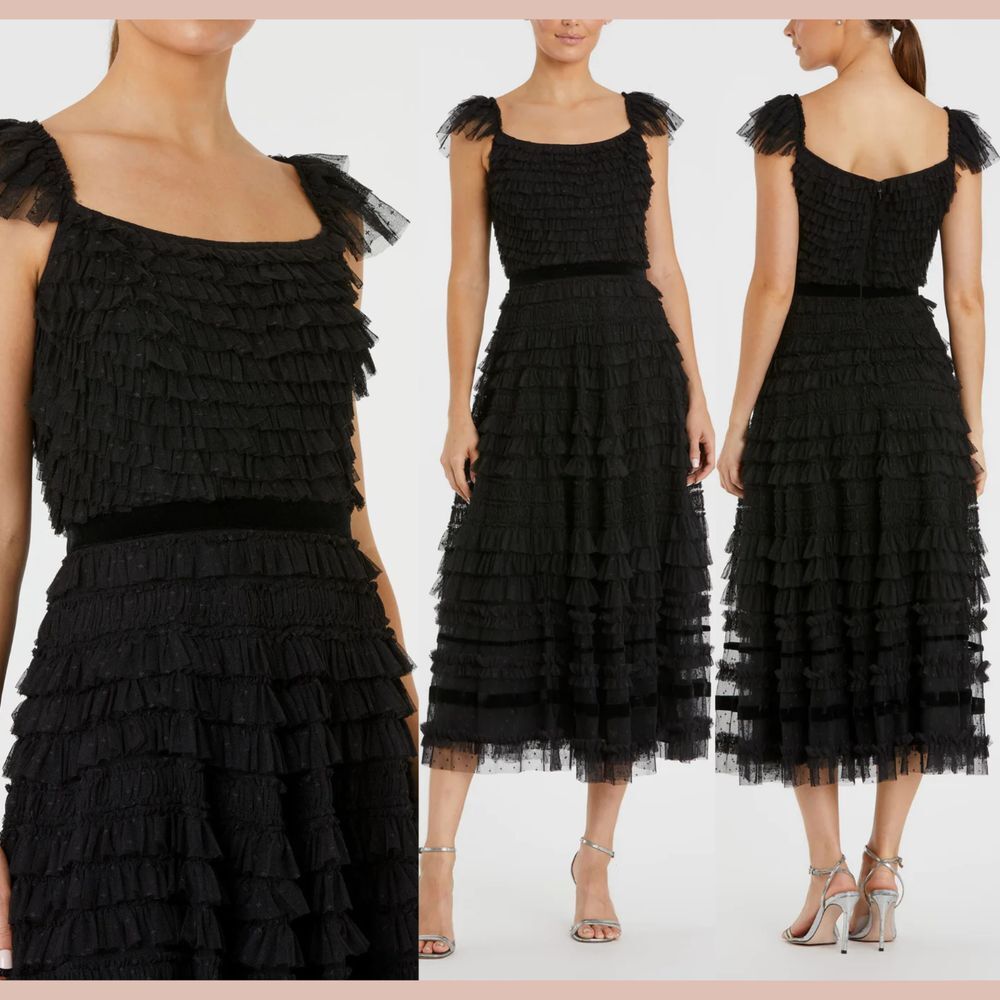 NWT $598 Mac Duggal [‎ 8 ] 8054 Ruffle Cap Sleeve Tiered Midi Dress Black Q1121